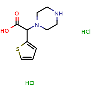 Chemical structure of piperazin-1-yl(2-thienyl)acetic acid dihydrochloride , CAS 1351581-48-0, AChemBlock L20599