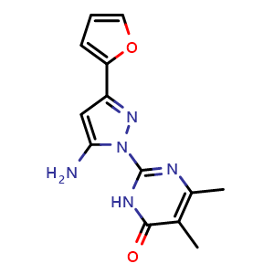Chemical structure of 2-[5-amino-3-(2-furyl)-1H-pyrazol-1-yl]-5,6-dimethylpyrimidin-4(3H)-one , CAS 1207025-11-3, AChemBlock L20631