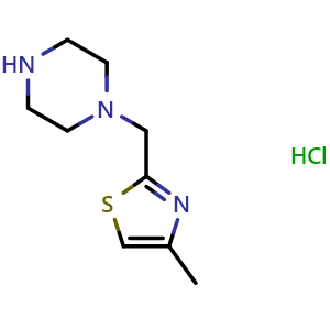 Chemical structure of 1-[(4-methyl-1,3-thiazol-2-yl)methyl]piperazine hydrochloride , CAS 1351642-23-3, AChemBlock L20660