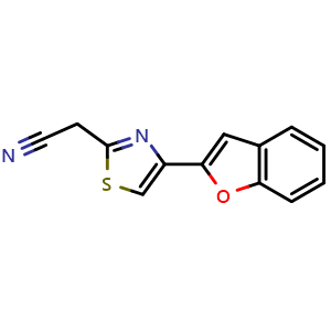 Chemical structure of [4-(1-benzofuran-2-yl)-1,3-thiazol-2-yl]acetonitrile , CAS 851399-94-5, AChemBlock L20712