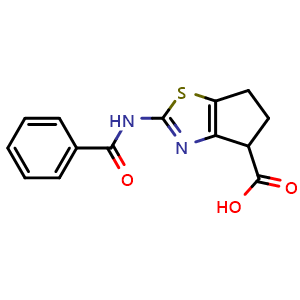 Chemical structure of 2-(Benzoylamino)-5,6-dihydro-4H-cyclopenta[d][1,3]thiazole-4-carboxylic acid , CAS 1019117-26-0, AChemBlock L20738