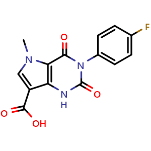 Chemical structure of 3-(4-fluorophenyl)-5-methyl-2,4-dioxo-2,3,4,5-tetrahydro-1H-pyrrolo[3,2-d]pyrimidine-7-carboxylic acid , CAS 1105191-19-2, AChemBlock L20750