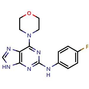 Chemical structure of N-(4-fluorophenyl)-6-morpholino-9H-purin-2-amine , CAS 1251578-67-2, AChemBlock L20819