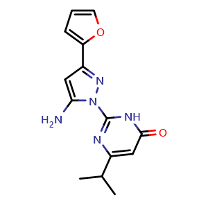 Chemical structure of 2-[5-amino-3-(2-furyl)-1H-pyrazol-1-yl]-6-isopropylpyrimidin-4(3H)-one , CAS 1206993-21-6, AChemBlock L20823