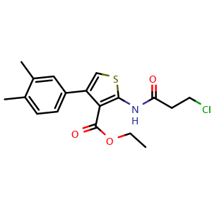 Chemical structure of ethyl 2-(3-chloropropanamido)-4-(3,4-dimethylphenyl)thiophene-3-carboxylate , CAS 618395-04-3, AChemBlock L20866