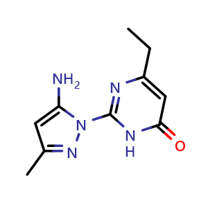 Chemical structure of 2-(5-amino-3-methyl-1H-pyrazol-1-yl)-6-ethylpyrimidin-4(3H)-one , CAS 1170363-87-7, AChemBlock L20886