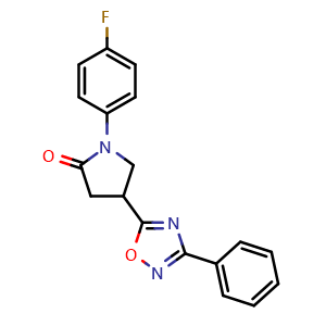 Chemical structure of 1-(4-fluorophenyl)-4-(3-phenyl-1,2,4-oxadiazol-5-yl)pyrrolidin-2-one , CAS 941997-60-0, AChemBlock L20899