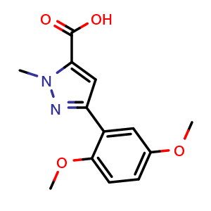 Chemical structure of 3-(2,5-dimethoxyphenyl)-1-methyl-1{H}-pyrazole-5-carboxylic acid , CAS 1177356-65-8, AChemBlock L20913
