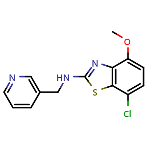 Chemical structure of 7-chloro-4-methoxy-N-(pyridin-3-ylmethyl)benzo[d]thiazol-2-amine , CAS 1105194-29-3, AChemBlock L20930