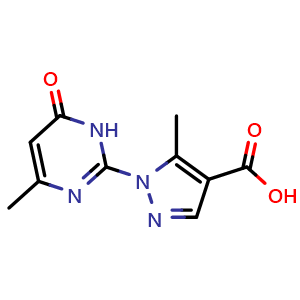 Chemical structure of 5-methyl-1-(4-methyl-6-oxo-1,6-dihydropyrimidin-2-yl)-1H-pyrazole-4-carboxylic acid , CAS 1176632-40-8, AChemBlock L21077