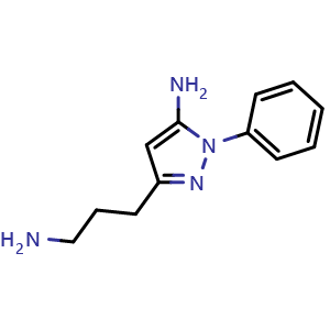 Chemical structure of 5-(3-aminopropyl)-2-phenylpyrazol-3-amine , CAS 1170356-75-8, AChemBlock L21122
