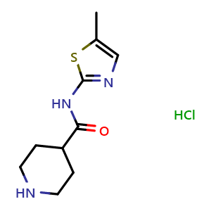 Chemical structure of N-(5-methyl-1,3-thiazol-2-yl)piperidine-4-carboxamide hydrochloride , CAS 1351597-38-0, AChemBlock L21141