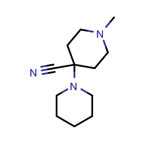 Chemical structure of 1-methyl-4-(piperidin-1-yl)piperidine-4-carbonitrile , CAS 91859-02-8, AChemBlock L21216