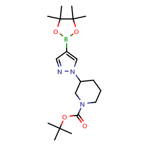 Chemical structure of tert-Butyl 3-[4-(tetramethyl-1,3,2-dioxaborolan-2-yl)-1H-pyrazol-1-yl]piperidine-1-carboxylate , CAS 1092563-74-0, AChemBlock L21262