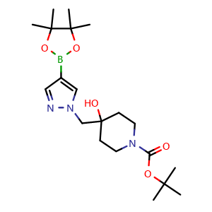 Chemical structure of tert-Butyl 4-hydroxy-4-{[4-(tetramethyl-1,3,2-dioxaborolan-2-yl)-1H-pyrazol-1-yl]methyl}piperidine-1-carboxylate , CAS 877399-39-8, AChemBlock L21301