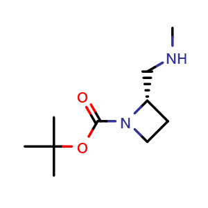 Chemical structure of rac-tert-butyl (R)-2-((methylamino)methyl)azetidine-1-carboxylate , CAS 1818864-93-5, AChemBlock L21361