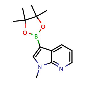 Chemical structure of 1-Methyl-3-(tetramethyl-1,3,2-dioxaborolan-2-yl)-1H-pyrrolo[2,3-b]pyridine , CAS 1185427-32-0, AChemBlock L21512