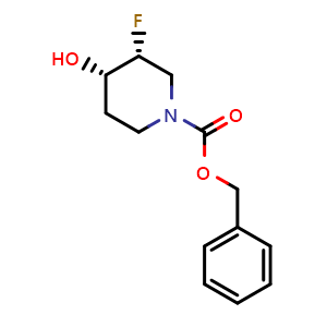 Chemical structure of benzyl (3R,4S)-3-fluoro-4-hydroxypiperidine-1-carboxylate , CAS 1147112-66-0, AChemBlock L21704