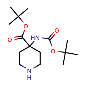 Chemical structure of tert-Butyl 4-{[(tert-butoxy)carbonyl]amino}piperidine-4-carboxylate , CAS 2044704-95-0, AChemBlock L21722