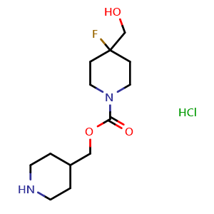 Chemical structure of (Piperidin-4-yl)methyl 4-fluoro-4-(hydroxymethyl)piperidine-1-carboxylate hydrochloride , CAS 2055841-23-9, AChemBlock L21724