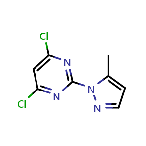Chemical structure of 4,6-Dichloro-2-(5-methyl-1H-pyrazol-1-yl)pyrimidine , CAS 2102412-65-5, AChemBlock L21737