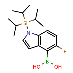 Chemical structure of {5-Fluoro-1-[tris(propan-2-yl)silyl]-1H-indol-4-yl}boronic acid , CAS 2304635-01-4, AChemBlock L21750