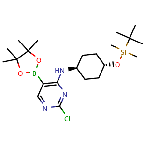 Chemical structure of 2-Chloro-N-[trans-4-[(tert-butyldimethylsilyl)oxy]cyclohexyl]-5-(tetramethyl-1,3,2-dioxaborolan-2-yl)pyrimidin-4-amine , CAS 2304631-70-5, AChemBlock L21765