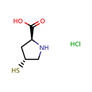 Chemical structure of (2S,4R)-4-Sulfanylpyrrolidine-2-carboxylic acid hydrochloride , CAS 1067189-36-9, AChemBlock L21815