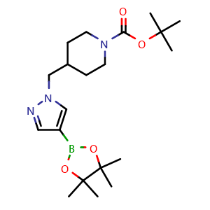 Chemical structure of tert-Butyl 4-{[4-(tetramethyl-1,3,2-dioxaborolan-2-yl)-1H-pyrazol-1-yl]methyl}piperidine-1-carboxylate , CAS 1092563-72-8, AChemBlock L21821