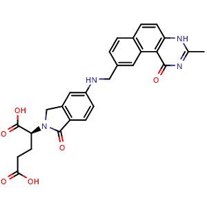 Chemical structure of (2S)-2-(5-{[(3-Methyl-1-oxo-1,2-dihydrobenzo[f]quinazolin-9-yl)me thyl]amino}-1-oxo-1,3-dihydro-2H-isoindol-2-yl)pentanedioic acid , CAS 139987-54-5, AChemBlock L22026
