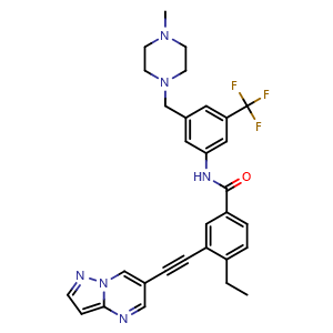 Chemical structure of 4-Ethyl-N-{3-[(4-methylpiperazin-1-yl)methyl]-5-(trifluoromethyl)phenyl}-3-(2-{pyrazolo[1,5-a]pyrimidin-6-yl}ethynyl)benzamide , CAS 1429617-90-2, AChemBlock L22057