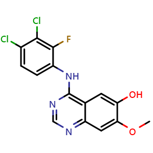 Chemical structure of 4-(3,4-Dichloro-2-fluorophenylamino)-7-methoxyquinazolin-6-ol , CAS 1429757-65-2, AChemBlock L22058