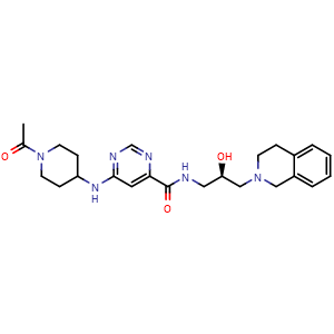 Chemical structure of 6-[(1-Acetylpiperidin-4-yl)amino]-N-[(2R)-2-hydroxy-3-(1,2,3,4-tetrahydroisoquinolin-2-yl)propyl]pyrimidine-4-carboxamide , CAS 1616397-25-1, AChemBlock L22112