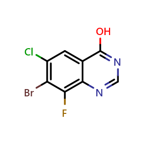 Chemical structure of 7-Bromo-6-chloro-8-fluoroquinazolin-4-ol , CAS 1698027-18-7, AChemBlock L22143
