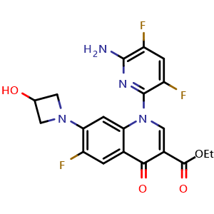 Chemical structure of ethyl 1-(6-amino-3,5-difluoropyridin-2-yl)-6-fluoro-7-(3-hydroxyazetidin-1-yl)-4-oxo-1,4-dihydroquinoline-3-carboxylate , CAS 1788043-98-0, AChemBlock L22160