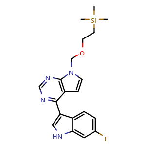 Chemical structure of 6-Fluoro-3-(7-{[2-(trimethylsilyl)ethoxy]methyl}-7H-pyrrolo[2,3-d]pyrimidin-4-yl)-1H-indole , CAS 1802154-20-6, AChemBlock L22168