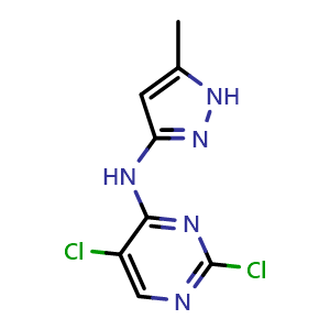 Chemical structure of 2,5-Dichloro-N-(5-methyl-1H-pyrazol-3-yl)pyrimidin-4-amine , CAS 543712-81-8, AChemBlock L22362