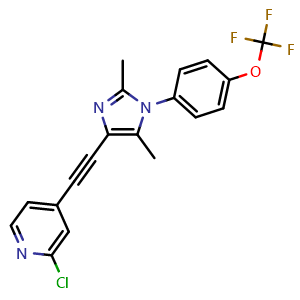Chemical structure of 2-Chloro-4-((2,5-dimethyl-1-(4-(trifluoromethoxy)phenyl)-1H-imidazol-4-yl)ethynyl)pyridine , CAS 871362-31-1, AChemBlock L22446