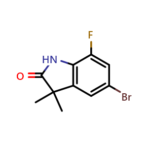 Chemical structure of 5-Bromo-7-fluoro-3,3-dimethyl-2,3-dihydro-1H-indol-2-one , CAS 872141-26-9, AChemBlock L22449