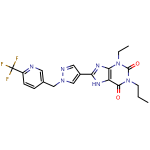 Chemical structure of 3-Ethyl-1-propyl-8-(1-{[6-(trifluoromethyl)-(3-pyridyl)]methyl}pyrazol-4-yl)-1,3,7-trihydropurine-2,6-dione , CAS 631914-03-9, AChemBlock M15122