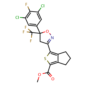 Chemical structure of Methyl 3-(5-(3,5-dichloro-4-fluorophenyl)-5-(trifluoromethyl)-4,5-dihydroisoxazol-3-yl)-5,6-dihydro-4H-cyclopenta[c]thiophene-1-carboxylate , CAS 1414378-14-5, AChemBlock M15135