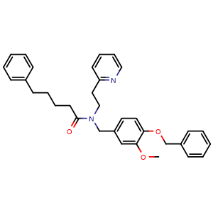 Chemical structure of N-(4-(Benzyloxy)-3-methoxybenzyl)-5-phenyl-N-(2-(pyridin-2-yl)ethyl)pentanamide , CAS 521310-51-0, AChemBlock M15318