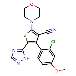 Chemical structure of 4-(2-Chloro-4-methoxyphenyl)-2-morpholin-4-yl-5-(2H-[1,2,4]triazol-3-yl)thiophene-3-carbonitrile , CAS 1202041-57-3, AChemBlock M15442