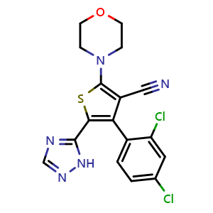 Chemical structure of 4-(2,4-Dichlorophenyl)-2-morpholin-4-yl-5-(2H-[1,2,4]triazol-3-yl)thiophene-3-carbonitrile , CAS 1202041-71-1, AChemBlock M15443