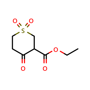 Chemical structure of Ethyl 1,1,4-trioxo-hexahydro-1L6-thiopyran-3-carboxylate , CAS 889946-17-2, AChemBlock M15596