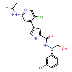 Chemical structure of 4-(5-Chloro-2-(isopropylamino)pyridin-4-yl)-N-((S)-1-(3-chlorophenyl)-2-hydroxyethyl)-1H-pyrrole-2-carboxamide , CAS 869886-67-9, AChemBlock M22598