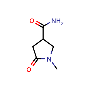 Chemical structure of 1-Methyl-5-oxo-3-pyrrolidinecarboxamide , CAS 89677-16-7, AChemBlock M22706