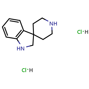 Chemical structure of 1,2-Dihydrospiro[3H-indole-3,4'-piperidine] Dihydrochloride , CAS 171-75-5, AChemBlock M22940