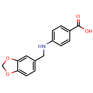 Chemical structure of 4-[(1,3-Benzodioxol-5-ylmethyl)amino]benzoic acid , CAS 69671-78-9, AChemBlock M22945