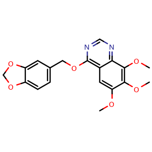 Chemical structure of 4-(1,3-Benzodioxol-5-ylmethoxy)-6,7,8-trimethoxy-quinazoline , CAS 150450-82-1, AChemBlock M23121